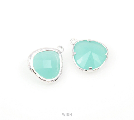 Mint Faceted Glass Drop Charm in Rhodium, Mint Charms / GMTRH-036-P