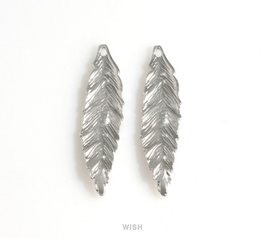 Small Feather Pendant in Matte Rhodium, Textured Feather Charm / MMRH-237-P2