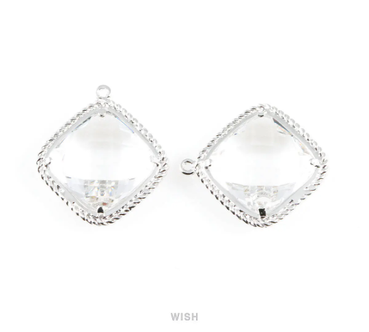 Clear Diamond Shape Pendants in Rhodium, Framed Diamond Charms / GCLRH-032-P