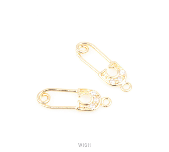 Safety Pin in Gold with 3 Cubic Zirconia, Safety Pin Charms / MG-084-P