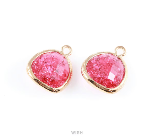 Ruby Sparkle Glass Charm in Gold, Framed Drop Glass Bead / GRBG-013-P