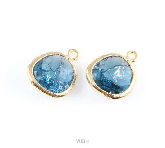 Montana Blue Sparkle Glass Charm in Gold, Framed Drop Glass Bead / GMBG-013-P