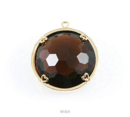 1 piece of Smoky Quartz Faceted Glass Charms in Gold, Framed Round Pendant / GSQG-011-P