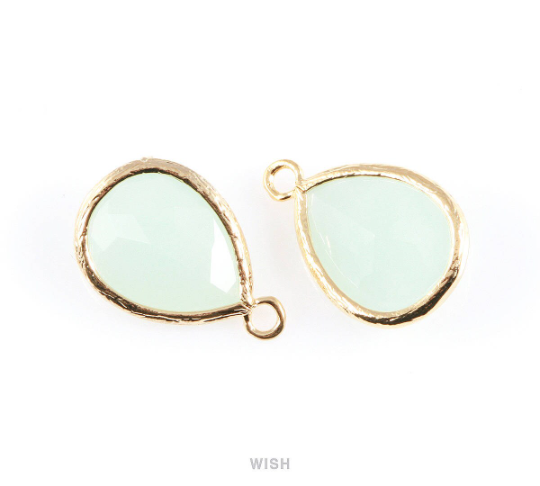 Alice Blue Teardrop Glass Charm in Gold, Framed Drop Glass Gem / GABG-005-P