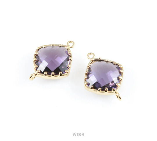 Amethyst Rhombus Glass Connector in Gold, Framed Rhombus Connector / GTZG-023-P