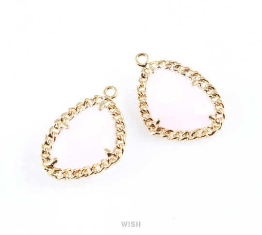 Rose Quartz Triangle Shape Pendants in Gold, Framed Triangle Charms / GRQG-034-P