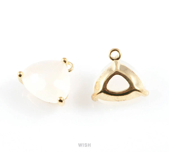White Alabster Pear Shape Glass Charm in Gold, Framed Pendant / GWAG-042-P