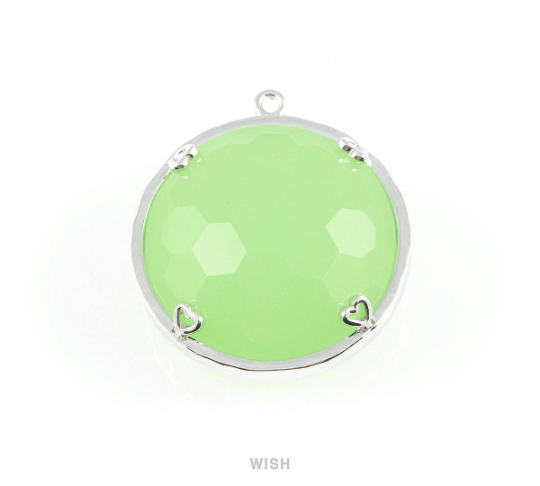 1 piece of Light Mint Faceted Glass Charms in Rhodium, Framed Round Pendant / GLMRH-011-P