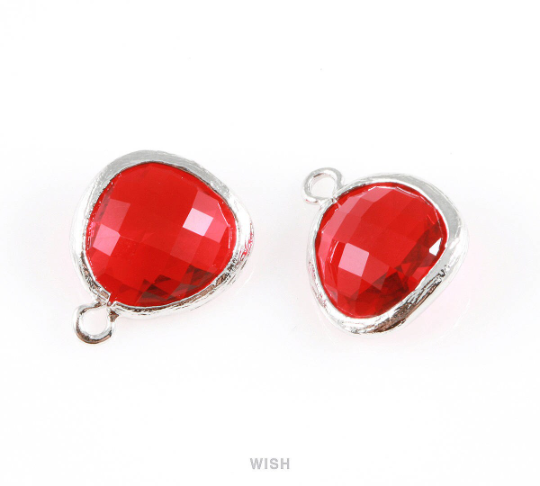 Garnet Faceted Glass Charm in Rhodium, Framed Drop Glass Gem / GGNRH-004-P