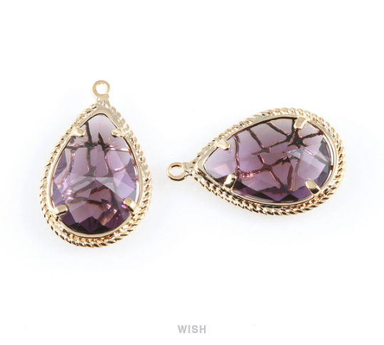 Amethyst Teardrop Glass Charms in Gold, Framed Drop Pendant / GTZG-022-P