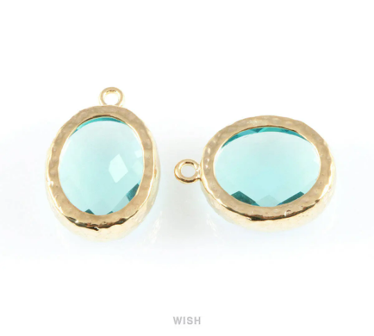 Aquamarine Faceted Glass Charms in Gold, Framed Oval Pendant / GAQG-009-P