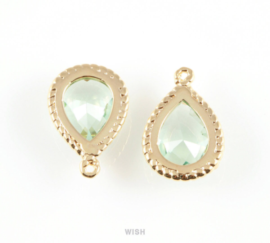 Erinite Teardrop Glass Charm in Gold, Framed Drop Glass Gem / GERG-006-P