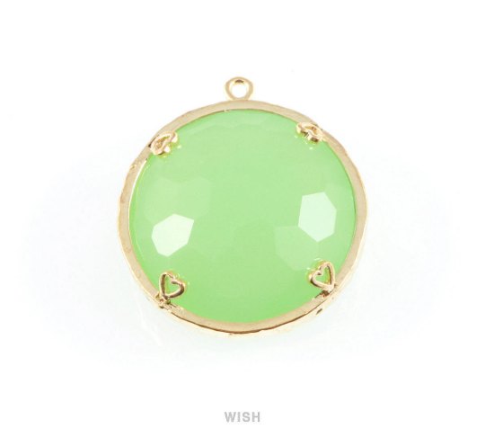 1 piece of Light Mint Faceted Glass Charms in Gold, Framed Round Pendant  / GLMG-011-P