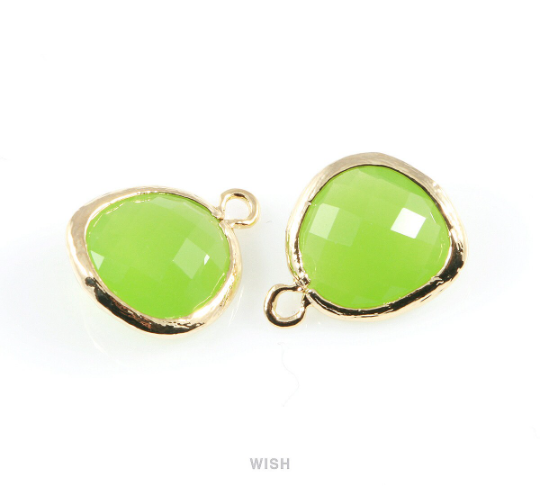 Peridot Faceted Glass Charm in Gold, Framed Drop Glass Gem / GPDG-004-P