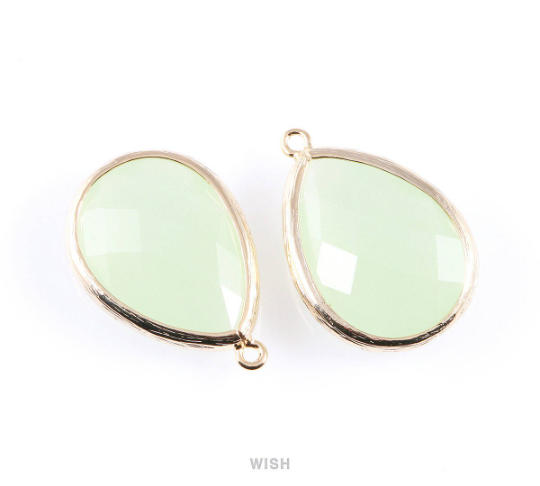 Light Mint Teardrop Glass Charm in Gold, Framed Drop Glass Gem / GLMG-044-P