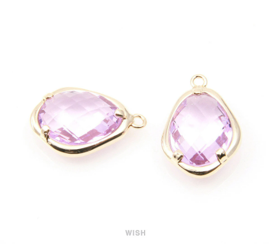 Light Amethyst Faceted Glass Charms in Gold, Framed Teardrop Pendant/ GLDG-085-P