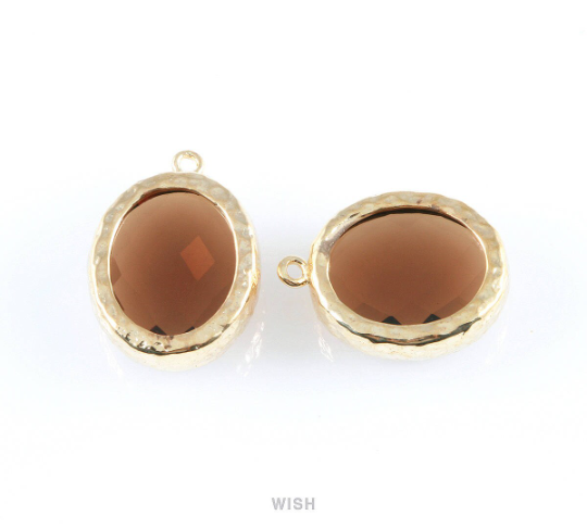 Smoky Quartz Faceted Glass Charms in Gold, Framed Oval Pendant / GSQG-009-P