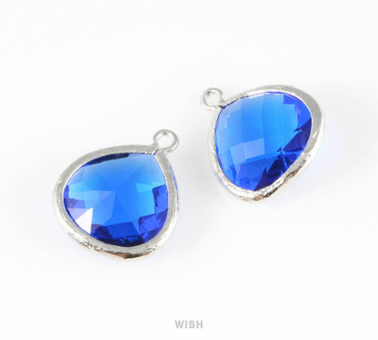 Cobalt Blue Faceted Glass Charm in Rhodium, Framed Drop Glass Bead /GCTRH-001-P (Large)