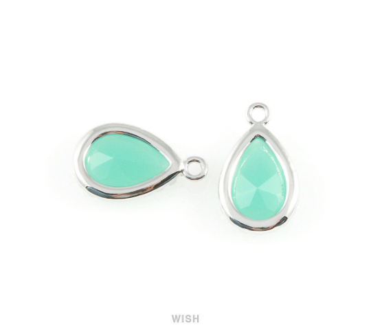 Mint Teardrop Glass Charm in Rhodium, Framed Drop Glass Gem / GMTRH-017-P