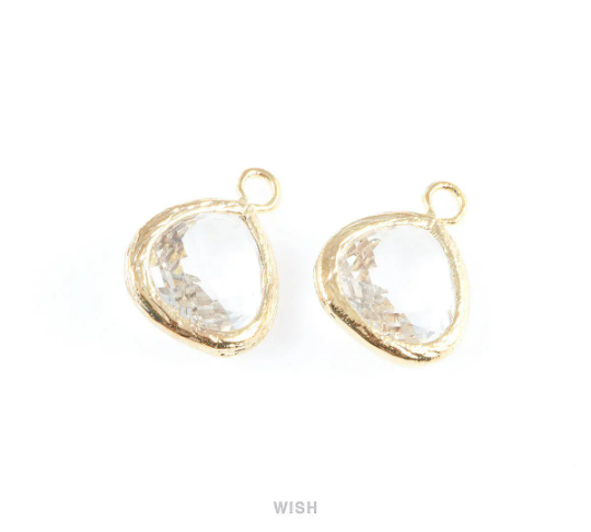Clear Faceted Glass Charm in Gold, Framed Drop Glass Bead /GCLG-003-P (Small)