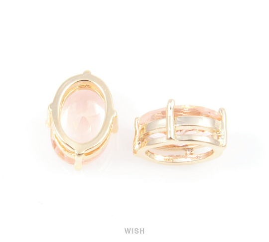 Peach Oval Faceted Glass Charm in Gold, Framed Pendants / GPCG-088-P