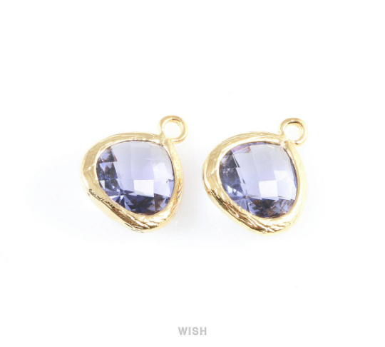 Amethyst Faceted Glass Charm in Gold, Framed Drop Glass Bead /  GTZG-003-P (Small)