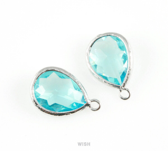 Aquamarine Teardrop Glass Charm in Rhodium, Framed Drop Glass Gem /GAQRH-005-P