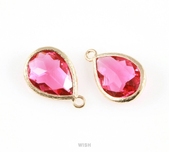 Ruby Teardrop Glass Charm in Gold, Framed Drop Glass Gem /GRBG-005-P