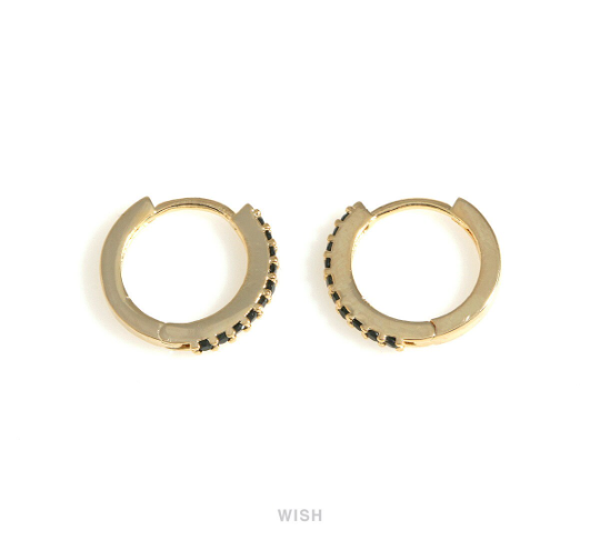 Black Onyx Latch Back Huggie Hoop Earrings in Gold, Black Onyx Huggie Earrings / CG-083-E3