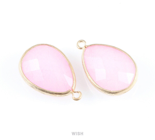 Pink Synthetic Stone Charms in Matte Gold, Framed Teardrop Pendant / SPKMG-010-P