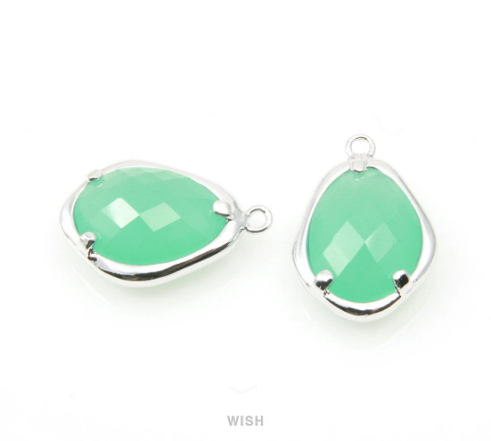 Mint Faceted Glass Charms in Rhodium, Framed Teardrop Pendant /GMTRH-085-P