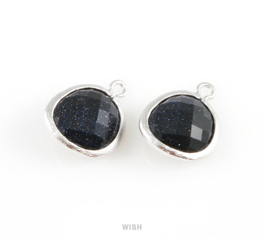 Lapis-Lazuli Faceted Glass Charm in Matte Rhodium, Framed Drop Glass Gem / GLLMRH-004-P