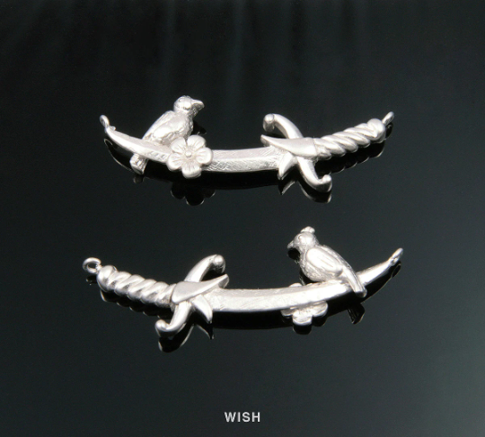 Flower and Sparrow on Sword Pendants in Matt Rhodium, Silver Sword Charm / MMRH-346-P