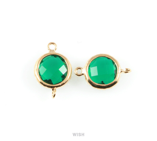 Emerald Faceted Glass Connector in Gold, Framed Round Connector / GEMG-008-P