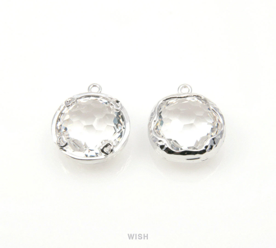 Clear Faceted Glass Charms in Rhodium, Framed Round Pendant / GCLRH-090-P (Small)