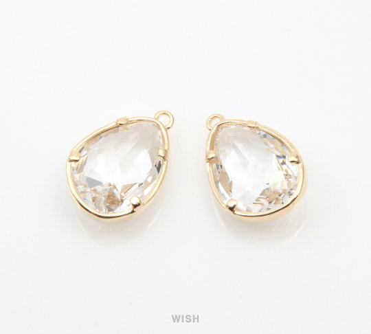 Clear Drop Charm in Gold, Crystal Drop Framed Pendant / SCLG-112-P