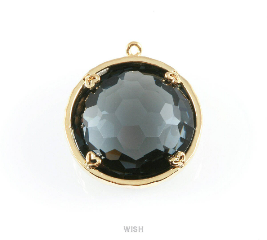 1 piece of Charcoal Faceted Glass Charms in Gold, Framed Round Pendant/ GCCG-011-P