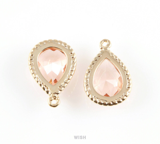 Peach Teardrop Glass Charm in Gold, Framed Drop Glass Gem / GPCG-006-P