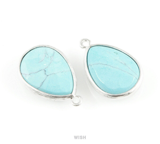 Turquoise Synthetic Stone Charms in Matte Rhodium, Framed Teardrop Pendant /STQMRH-010-P