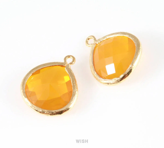 Citrine Faceted Glass Charm in Gold, Framed Drop Glass Bead / GCNG-001-P (Large)