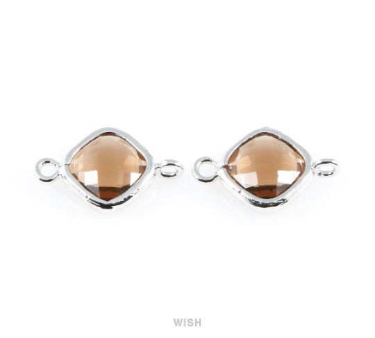 Smoky Quartz Rhombus Glass Connector in Rhodium, Framed Rhombus Connector / GSQRH-021-P