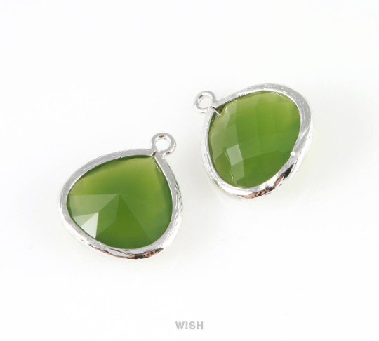 Dark Olivine Faceted Glass Charms in Rhodium, Framed Drop Glass Pendants / GDORH-001-P