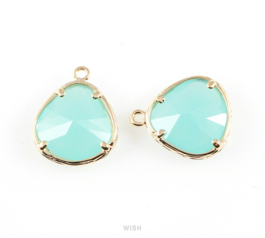 Ocean Blue Faceted Glass Charm in Gold, Framed Pendant / GOBG-036-P