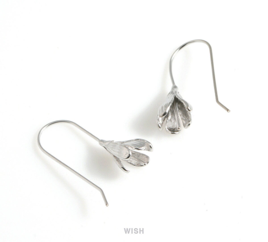 Flower Hook Earrings in Matte Rhodium, Tulip Ear Hooks / MMRH-490-E