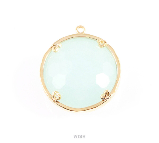 Alice Blue Faceted Glass Charms in Gold, Framed Round Pendant / GABG-011-P