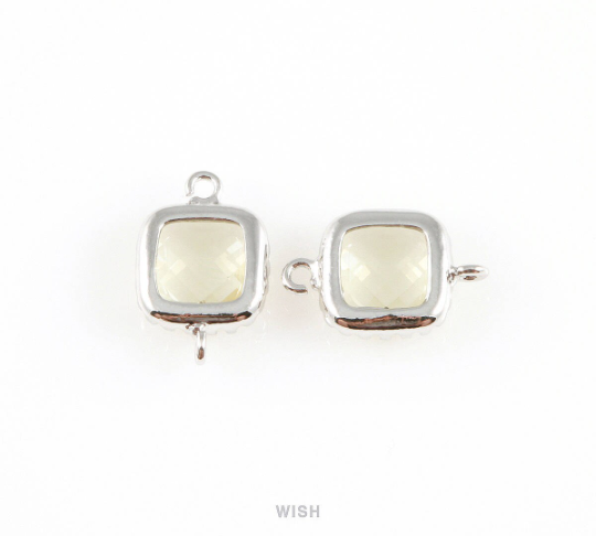 Olivine Faceted Glass Connector in Rhodium, Framed Square Connector / GOVRH-007-P