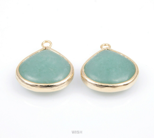 Green Aventurine Synthetic Stone Charms in Matte Gold, Framed Teardrop Pendant /SGAMG-010-P2