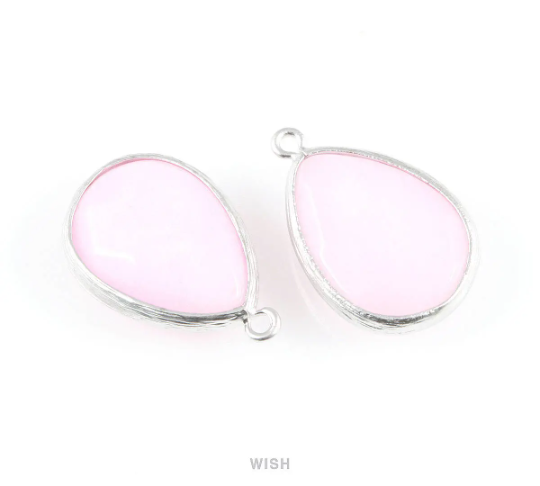 Pink Synthetic Stone Charms in Matte Rhodium, Framed Teardrop Pendant / SPKMRH-010-P