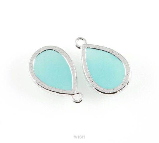 Ocean Blue Teardrop Glass Charm in Rhodium, Framed Drop Glass Gem / GOBRH-037-P