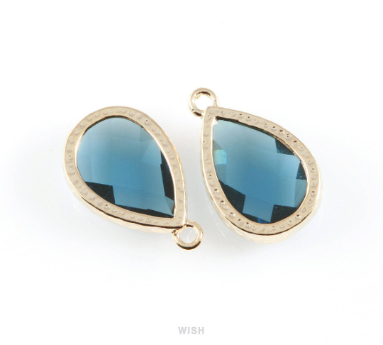 Montana Blue Teardrop Glass Charm in Gold, Framed Drop Glass Gem / GMBG-037-P